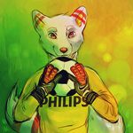  canine cute football fur goalkeeper goalkeeper_gloves holding jersey machine male mammal mechanicalfeathers orange_eyes orange_nose sketch smile soccer soccer_ball solo standing stripes volskar white_fur wolf 