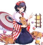  1girl :d animal ball bangs black_hair blue_eyes blue_hakama blush boar bow braid carrying checkered chinese_zodiac commentary_request eyebrows_visible_through_hair flower fur_collar furisode hair_bow hakama hand_up japanese_clothes kimono lamp long_sleeves looking_at_viewer miracle_mallet open_mouth oriental_umbrella original petals pink_flower red_bow red_kimono seiza short_hair sidelocks sitting smile solo tokeshi umbrella upper_teeth v wavy_hair white_background wide_sleeves year_of_the_pig 
