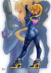  armor ass blonde_hair blue_eyes bodysuit boringmu contrapposto dated emblem from_behind full_body gloves glowing greaves gun half-closed_eyes handgun high_heels high_ponytail highres holding holding_weapon holster long_hair looking_at_viewer looking_back metroid neon_trim ponytail profile samus_aran scrunchie serious sidelocks signature solo standing super_smash_bros. thigh_holster thigh_strap trigger_discipline turtleneck weapon white_background zero_suit zoom_layer 