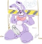  ! animatronic anthro balls bonnie_(fnaf) bow buckteeth english_text erection five_nights_at_freddy&#039;s lagomorph long_ears looking_down machine male mammal nude on_floor open_mouth penis rabbit robot sharp_teeth sitting smile solo teeth text thick_penis unknown_artist video_games 