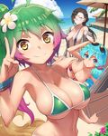  :o ahoge armpits bandeau bangs beach beach_umbrella bikini black_bikini black_hair blue_hair blush body_blush breasts chair cleavage cloud collarbone day eyepatch_bikini eyewear_on_head flower fuuma_kotarou_(sengoku_collection) gradient_hair green_bikini green_hair hair_flower hair_ornament hair_scrunchie imagawa_yoshimoto_(sengoku_collection) jitome large_breasts long_hair looking_at_viewer multicolored_hair multiple_girls navel outdoors ponytail purple_hair red_bikini scrunchie sengoku_collection skindentation sky slingshot_swimsuit smile strap_gap sunglasses swept_bangs swimsuit taigen_sessai_(sengoku_collection) tail tareme tenchisouha umbrella undressing v wristband yellow_eyes 