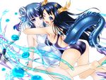  black_hair blue_eyes blue_hair braid competition_swimsuit double_bun dragon_girl dragon_horns dragon_tail hair_bun haku_(p&amp;d) head_fins horns hug karin_(p&amp;d) long_hair multicolored_hair multiple_girls one-piece_swimsuit puzzle_&amp;_dragons school_swimsuit sho2 swimsuit tail twin_braids two-tone_hair white_hair white_school_swimsuit white_swimsuit 