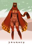  bikini breasts cameltoe cleavage cloak dark_skin desert faceless highres hood journey large_breasts mudou_eichi no_pupils red_bikini red_legwear scarf solo swimsuit thighhighs traveler 