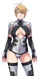  antenna_hair aqua_eyes blonde_hair breasts celicia_lockhart cleavage_cutout closed_game covered_nipples cowboy_shot fingerless_gloves gloves large_breasts looking_at_viewer sei_shoujo short_hair smile solo thighhighs transparent_background 