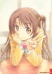  brown_eyes brown_hair chin_rest coupy_pencil_(medium) gofu idolmaster idolmaster_cinderella_girls long_hair looking_at_viewer one_side_up shimamura_uzuki smile solo table traditional_media v watermark web_address 