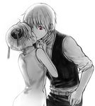  1girl bun_cover chinese_clothes collar_grab double_bun gintama greyscale hetero kagura_(gintama) kiss loli_bushi monochrome okita_sougo red_eyes short_hair spot_color 