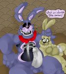  ! animatronic anthro balls bow english_text erection five_nights_at_freddy&#039;s lagomorph long_ears looking_down looking_up machine male male/male mammal nightmare_bonnie_(fnaf) penis plushtrap_(fnaf) rabbit robot sharp_teeth sitting size_difference smile spread_legs spreading teeth text unknown_artist video_games whiskers 