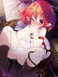  black_legwear blush book demon_girl demon_tail fang goriyaku head_wings koakuma looking_at_viewer lying navel necktie on_back one_eye_closed panties pointy_ears red_eyes red_hair socks solo spread_legs succubus tail touhou underwear white_panties 