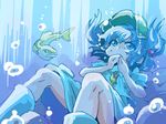  blue_eyes blue_hair covering_mouth fish hair_bobbles hair_ornament hat kawashiro_nitori key shinapuu short_hair skirt solo touhou twintails two_side_up underwater 