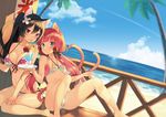  animal_ears barefoot beach bikini black_hair blue_eyes blue_hawaii breasts cat_ears cleavage cloud day drink drinking front-tie_top ichijou_kokona long_hair looking_at_viewer low_twintails medium_breasts midorikawa_you multicolored multicolored_stripes multiple_girls ocean original outdoors pink_hair ponytail purple_eyes side-tie_bikini sitting sky small_breasts striped swimsuit tail tropical_drink twintails wariza 