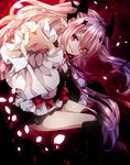  blonde_hair fangs foreshortening grin highres kneehighs krul_tepes long_hair microskirt moru owari_no_seraph petals pleated_skirt pointy_ears red_eyes skirt smile solo twintails very_long_hair 