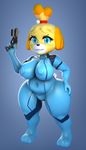 3d animal_crossing anthro big_breasts blue_eyes breasts canine cgi clothed clothing digital_media_(artwork) dog donan female gun huge_breasts isabelle_(animal_crossing) looking_at_viewer mammal metroid nintendo nipples ranged_weapon smile solo video_games weapon wide_hips zero_suit 