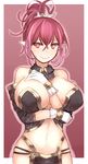  between_breasts blush breasts covered_nipples detached_collar ganesagi large_breasts navel pointy_ears ponytail red_eyes red_hair short_hair smile solo 
