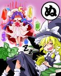  anger_vein angry blonde_hair book bow braid closed_eyes crescent crystal hair_bow hat highres kirisame_marisa long_hair multiple_girls open_mouth patchouli_knowledge philosopher's_stone purple_hair ribbon saliva shinapuu sleeping smile touhou witch_hat 