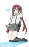  arm_warmers asagumo_(kantai_collection) bad_id bad_twitter_id bike_shorts blue_eyes blush brown_hair commentary_request grey_skirt grin highres inactive_account kantai_collection kneehighs kneeling mitsudoue skirt skirt_lift smile solo twintails 