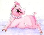  2015 blush butt crossed_legs female feral looking_at_viewer lying mammal necklace on_front pearls pig pink_skin porcine prettypinkp0ny solo traditional_media_(artwork) watercolor_(artwork) 