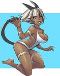  ;) animal_ears artist_request barefoot breasts cat_ears cat_tail cleavage dark_skin fingernails full_body jumping large_breasts lips long_fingernails ms._fortune_(skullgirls) nose one-piece_swimsuit one_eye_closed scar sharp_fingernails short_hair silver_hair skullgirls smile solo source_request swimsuit tail white_swimsuit 