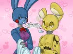 &lt;3 angry animatronic anthro blue_eyes blue_fur bow_tie breasts crossgender duo english_text female five_nights_at_freddy&#039;s five_nights_at_freddy&#039;s_2 five_nights_at_freddy&#039;s_3 frown fur lagomorph looking_at_viewer machine mammal mizumew nipples rabbit robot springtrap_(fnaf) text towel toy_bonnie_(fnaf) tsundere video_games water wet yellow_eyes yellow_fur 