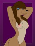  2015 anthro anthrofied breasts brown_fur canine disney dog female fur hands_behind_head ky_(malamute) looking_at_viewer mammal nipples nude oliver_and_company one_eye_closed pussy rita_(disney) saluki smile solo wink 