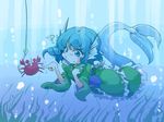  animal_ears bait blue_eyes blue_hair crab drill_hair head_fins japanese_clothes kimono mermaid monster_girl obi sash shinapuu short_hair solo touhou underwater wakasagihime 