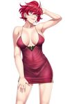  arm_up armpits bare_shoulders blush breasts camisole cleavage closed_game covered_nipples cowboy_shot earrings facial_tattoo jewelry large_breasts looking_at_viewer michiko_verxina panties pose purple_eyes red_hair see-through sei_shoujo short_hair smile solo star_tattoo tattoo transparent_background underwear 