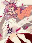  :d absurdres blue_eyes breasts cleavage covered_navel dress earrings elphelt_valentine guilty_gear guilty_gear_xrd gun handgun hat highres jewelry large_breasts motion_blur open_mouth petals pink_hair rei_(pixiv_187780) smile solo thighhighs weapon zettai_ryouiki 