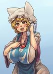  blonde_hair blue_sky blush breasts brown_eyes chanta_(ayatakaoisii) cleavage cowboy_shot dress fang hat hips hot huge_breasts long_sleeves no_tail open_mouth see-through short_hair simple_background sky solo sweat tabard teeth thick_thighs thighs tongue touhou towel wet wet_clothes white_dress wiping_sweat yakumo_ran 