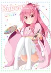  japanese_clothes kimono long_hair ominaeshi_(takenoko) original paintbrush pink_hair red_eyes short_kimono solo thighhighs usuzumi_sakura 