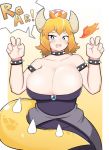  2784u56_(artist) alternate_species animal_humanoid big_breasts black_clothing black_dress blonde_hair blue_eyes bowser bowsette_meme breasts cleavage clothed clothing crossgender crown english_text female hair horn horned_humanoid huge_breasts humanoid humanoidized koopa looking_at_viewer mario_bros nintendo open_mouth scalie simple_background smile solo super_crown text video_games 