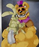  anal anal_penetration animatronic anthro anus balls bear butt cowgirl_position drooling five_nights_at_freddy&#039;s lagomorph long_ears looking_back looking_down machine male male/male mammal nightmare_fredbear_(fnaf) on_top open_mouth penetration penis plushtrap_(fnaf) rabbit robot saliva sex sharp_teeth sitting size_difference smile spread_legs spreading teeth thick_penis thick_thighs unknown_artist video_games 