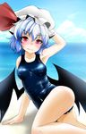  bat_wings blue_hair fumi_(fumifumi-graffiti) hat highres one-piece_swimsuit red_eyes remilia_scarlet school_swimsuit shiny shiny_clothes short_hair skindentation solo swimsuit touhou wings 