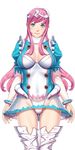 aqua_eyes blush breasts cleavage closed_game cowboy_shot dress fur_trim hair_ornament lacey_mallett large_breasts long_hair looking_at_viewer pink_hair see-through sei_shoujo skirt smile solo thighhighs thong transparent_background wristband 