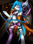  belt blue_hair braided_hair bullet clothed clothing equine friendship_is_magic gun hair horse jinx league_of_legends looking_at_viewer mammal my_little_pony pink_eyes ponification pony ranged_weapon santagiera standing video_games weapon 