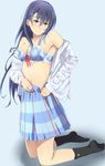  1girl blue_hair breasts cleavage long_hair love_live!_school_idol_project meimuu school_uniform simple_background solo sonoda_umi underwear yellow_eyes 