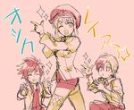  1girl 2boys blush breasts coat eyes_closed hat jude_mathis leia_rolando ludger_will_kresnik monochrome multiple_boys necktie one_eye_closed open_mouth pants short_hair short_shorts shorts sparkle star tales_of_(series) tales_of_xillia tales_of_xillia_2 thighhighs wink 