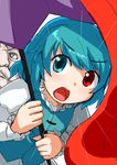  1girl bad_id bad_pixiv_id blue_eyes blue_hair blush commentary d: dai-erie emphasis_lines heterochromia karakasa_obake looking_at_viewer open_mouth red_eyes short_hair shouting skirt solo_focus tatara_kogasa teeth touhou tunic umbrella unzan v-shaped_eyebrows 