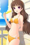  :d amane_satsuki amanogawa_kirara arm_behind_back bikini brown_hair earrings food go!_princess_precure jewelry long_hair md5_mismatch navel open_mouth orange_bikini popsicle precure purple_eyes smile solo star star_earrings swimsuit twintails 