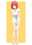  1girl absurdres alternate_costume bangs bare_legs barefoot blue_eyes blush breasts closed_mouth collarbone commentary eyebrows_visible_through_hair fav_faris full_body hair_between_eyes highres hisui_(tsukihime) looking_at_viewer medium_breasts naked_shirt no_panties red_hair shirt short_hair short_sleeves signature solo t-shirt thighs tsukihime white_shirt 