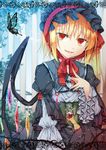  alternate_costume asymmetrical_hair asymmetrical_wings bad_id bad_pixiv_id black_dress blonde_hair dress fangs flandre_scarlet frills gothic_lolita hairband lolita_fashion lolita_hairband long_sleeves looking_at_viewer puffy_long_sleeves puffy_sleeves red_eyes shikitani_asuka side_ponytail slit_pupils solo touhou wings 