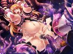  1girl anus arms_up breast_grab breasts brown_hair censored cum grabbing gradient gradient_background huge_breasts inflation lactation lilith-soft long_hair moaning monster rape restrained sex taimanin_asagi taimanin_asagi_battle_arena tana_(garyuh-chitai) tears tentacle thalia_henderson tongue_out torn_clothes vaginal wide-eyed 