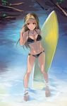  barefoot bikini black_bikini blonde_hair breasts brown_eyes cleavage cross cross_necklace earrings idolmaster idolmaster_cinderella_girls jewelry large_breasts long_hair luncheon_meat_umai matsunaga_ryou navel necklace pendant smile solo surfboard swimsuit underboob wading water 