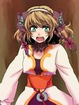  aqua_eyes bodysuit braid breasts brown_background brown_hair choker flower gradient gradient_background hair_ornament hairband jacket leia_rolando open_mouth short_hair solo tales_of_(series) tales_of_xillia 