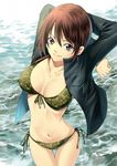  aoi_fuuka arms_up beach bikini bikini_top breasts brown_eyes brown_hair camouflage camouflage_bikini from_side front-tie_bikini front-tie_top fuuka highres jacket jpeg_artifacts large_breasts leather leather_jacket lips navel ocean official_art pocket seo_kouji short_hair side-tie_bottom solo surf swimsuit thigh_gap water 