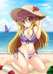  absurdres beach bikini blonde_hair breasts butterfly_net cleavage day food frilled_bikini frills gradient_hair hand_net hat highres hijiri_byakuren holding_legs large_breasts multicolored_hair navel ougi_(ihayasaka) popsicle purple_bikini purple_hair sitting solo straw_hat sun_hat swimsuit touhou wariza yellow_eyes 