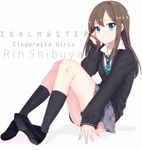  blue_eyes brown_hair cardigan etsuo idolmaster idolmaster_cinderella_girls jewelry long_hair necklace necktie school_uniform shibuya_rin skirt solo 