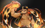  1boy abs alca animal_ears artist_request bara bare_pectorals bare_shoulders beard black_hair chest_hair facial_hair fighting_stance flaming_hand gyee highres lion_boy lion_ears male_focus mature_male muscular muscular_male navel navel_hair original pectorals short_hair sleeveless sleeveless_jacket smile solo stomach thick_eyebrows undercut unfinished 