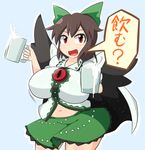  :d beer_mug belly belly_peek bird_wings blush bouncing_breasts bow breasts brown_hair cape commentary cowboy_shot cup date_pun drink giving hair_bow holding holding_cup huge_breasts long_hair looking_at_viewer manorea milk navel number_pun open_clothes open_mouth open_shirt plump red_eyes reiuji_utsuho shirt skirt smile solo third_eye touhou translated wide_hips wings 