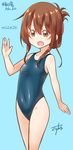  artist_name bad_proportions brown_eyes brown_hair character_name commentary_request covered_navel dated folded_ponytail groin gurande_(g-size) hashtag highleg highleg_swimsuit highres inazuma_(kantai_collection) kantai_collection long_hair one-piece_swimsuit open_mouth smile standing swimsuit waving 