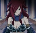  1girl bare_shoulders breasts cleavage erza_knightwalker erza_scarlet fairy_tail hair_over_one_eye red_hair scarf screencap solo stitched 