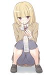  bangs blonde_hair blush bottle brown_skirt full_body grin hand_on_own_cheek holding loafers looking_at_viewer midorikawa_hana pants pants_under_skirt pleated_skirt prison_school school_uniform shadow shoes short_hair simple_background skirt smile solo squatting tomifumi water_bottle white_background 